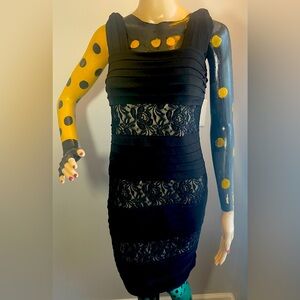 Saint Tropez West Black Floral Illusion Dress Sleeveless Ruffle Stretch Size 6